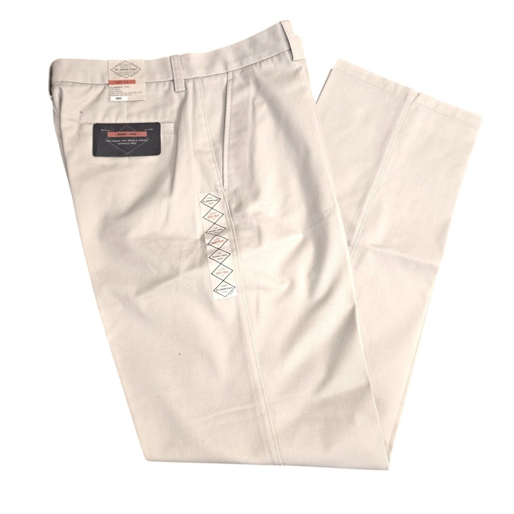 St Johns Bay Men's Worry Free Classic Fit Flat Front Pants 32x34 Stone Khaki NWT